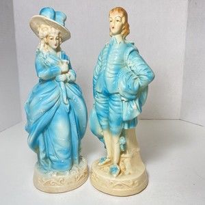 VTG Victorian Era Ceramic Statues Male/Female Couple 11" Tall Blue, As Is